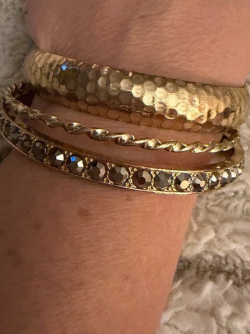 Gold Tone Hammered and Crystal Accent Bracelet Set